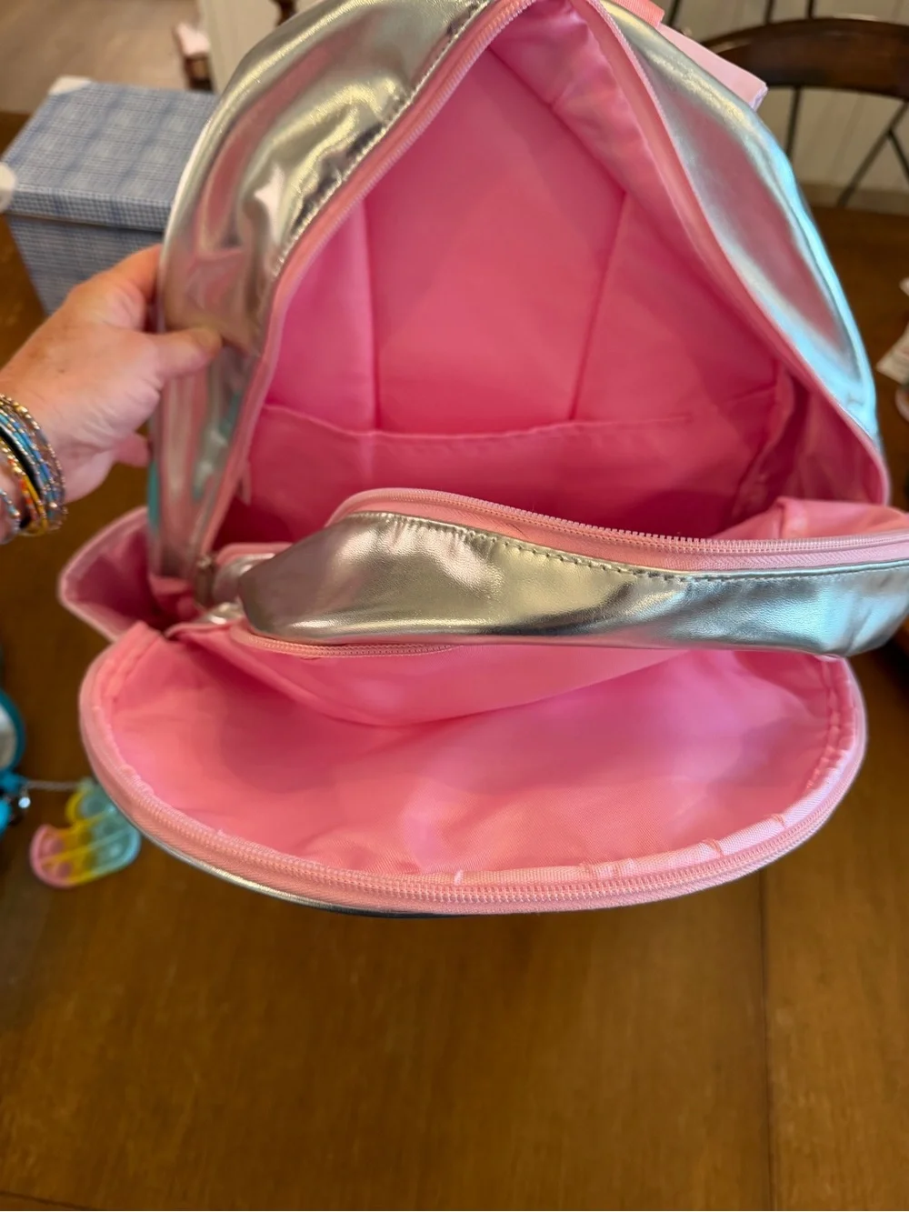 Silver Metallic Backpack with Pink Bow Appliqués